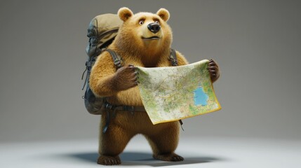 Aufkleber - A cartoon bear with a backpack holding a map, appearing curious about its surroundings.