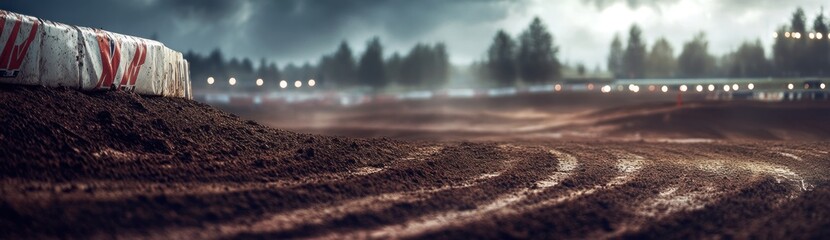 Poster - A dirt racetrack with tire marks and a moody sky, suggesting an upcoming race event.
