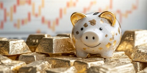Poster - A piggy bank sits atop gold bars, symbolizing savings and investment.