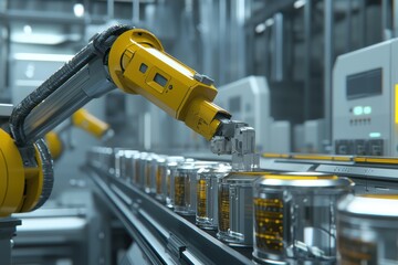 Poster - Advanced Industrial Robot Arm Engaging in Automated Assembly Process of Cans in a High-Tech Manufacturing Facility