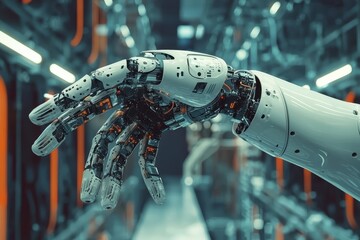 Poster - Advanced robotic hand with intricate mechanical design in a futuristic industrial setting showcasing technology and innovation in automation and robotics