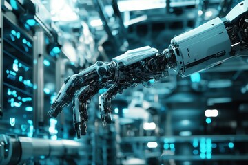 Poster - Futuristic Robotic Hand Reaching Out in High-Tech Environment with Glowing Elements and Intricate Details Showcasing Advances in Robotics and Automation