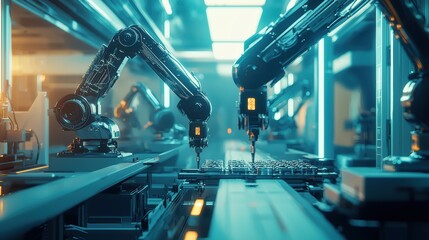 Poster - Robotic arms working in an advanced industrial facility, assembling electronic components on a conveyer belt with glowing lights and a futuristic atmosphere