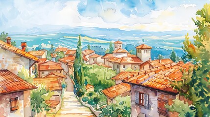 Wall Mural - a watercolor painting of a village with tiled roofs.