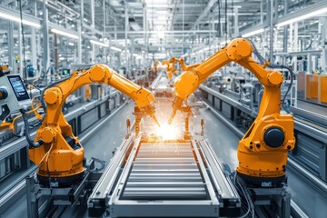 Poster - Industrial Robotics in Action: Two Advanced Robotic Arms Welding on a Modern Assembly Line in a High-Tech Manufacturing Facility