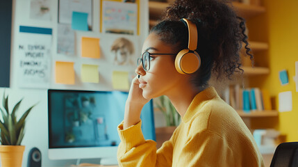 Wall Mural - A young woman focused on a video call wearing headphones in a minimalistic home office with an organized desk