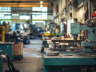 Poster - Industrial Workshop with Machinery and Equipment Showcasing Tools and Workstations in Bright and Organized Environment for Manufacturing Processes