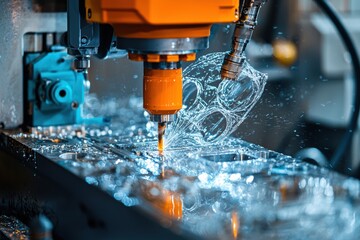 Poster - Precision CNC Machining Process with Water Cooling, Creating Automotive Part, High-Tech Manufacturing and Metalworking in Industrial Workshop Environment