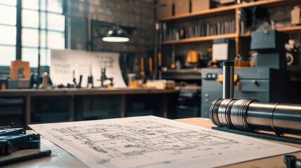 Poster - Detailed Technical Blueprint on a Workbench with Tools in an Industrial Workshop Environment Featuring Various Instruments and Equipment for Engineering Projects