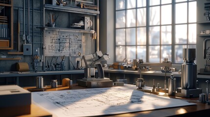 Poster - A well-lit workspace showcasing blueprints and various tools, emphasizing creativity and craftsmanship in an architect's studio with large windows