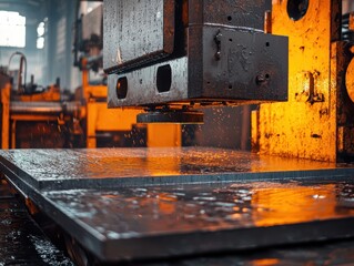 Poster - Industrial Machinery in Action with Hydraulic Press and Metal Sheet in Factory Setting, Capturing the Essence of Metal Fabrication and Manufacturing Processes