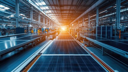 Poster - Modern Solar Panel Manufacturing Facility with Rows of Solar Panels and Workers During Sunset, Showcasing Advanced Technology in Renewable Energy Production
