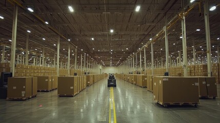 Poster - Spacious warehouse interior showcasing organized stacks of cardboard boxes on wooden pallets with efficient storage management and ample lighting for logistics operations