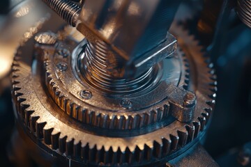 Poster - Close-Up View of Intricate Mechanical Gears and Springs in a Modern Machine with Shiny Metal Finish and Precision Engineering Components
