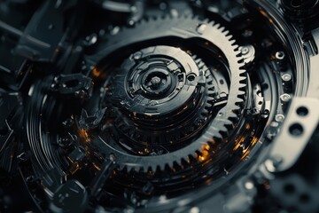 Poster - Intricate Close-Up of a Metallic Gear Mechanism with Illuminated Details, Showcasing Precision Engineering and Complex Mechanical Design in a Dark Setting