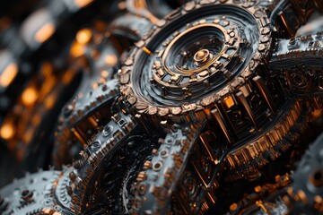 Poster - Abstract close-up of intricate mechanical gears and cogs in metallic tones, showcasing detailed textures and reflections for a futuristic aesthetic, ideal for technology and engineering themes