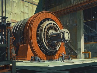 Poster - Detailed View of a Large Industrial Generator in an Abandoned Facility Surrounded by Heavy Machinery and Modern Architecture Elements
