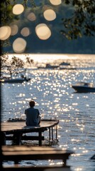 Fototapete - A serene lakeside scene with a person sitting on a dock, reflecting on the water's shimmer.