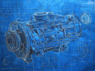 Poster - Intricate Blueprint Illustration of a Complex Engine Design, Highlighting Mechanical Details and Technical Specifications Against a Vibrant Blue Background