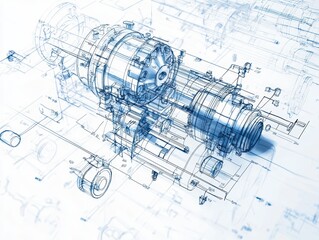 Poster - Detailed Technical Illustration of a Hydraulic Pump with Engineering Schematics and Blueprint Elements for Industrial and Mechanical Design Projects
