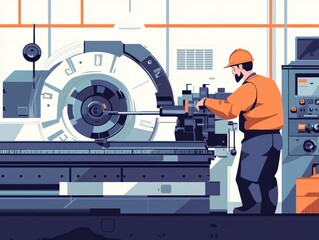 Poster - Skilled Worker Operating Lathe Machine in Modern Factory Workshop, Precision Engineering Process with Advanced Technology and Machinery in Industrial Setting