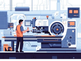 Poster - Industrial Worker Using CNC Machine in a Modern Manufacturing Facility with Digital Screens and Tools for Precision Engineering Tasks