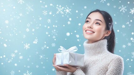 Happy woman holding a gift box with a white ribbon on a blue background with snowflakes.