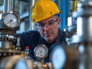 Poster - Focused worker in safety gear inspecting industrial equipment, showcasing dedication to maintenance and operational efficiency in a modern facility setting.