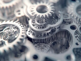 Poster - Close-Up of Intricate Metal Gears Interlocking in a Dynamic Arrangement Showcasing the Complexity of Mechanical Engineering and Precision Machinery Components