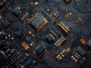 Poster - Intricate Close-Up of a Modern Circuit Board Featuring Complex Patterns and Components, Ideal for Technology and Electronics-Related Projects, Presenting a High-Tech Aesthetic