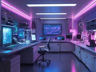 Fototapete - Modern Laboratory Interior with Advanced Technology, Neon Lighting, and High-Tech Equipment for Innovative Research and Scientific Discoveries in a Futuristic Environment