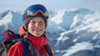 © Valeriia - Senior female coach trainer dressed in an black snowboard suit smiles into camera standing on peak of mountain. Winter sport. Copy paste empty place for text
