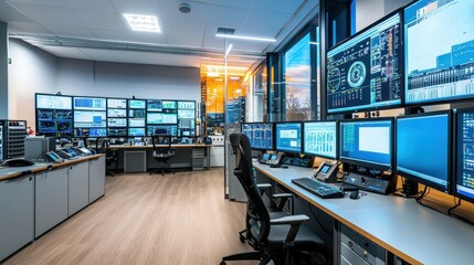 Poster - Modern Control Room with Multiple Monitors and Workstations Overlooking Cityscape at Sunset, Demonstrating Advanced Technology and Data Management Systems