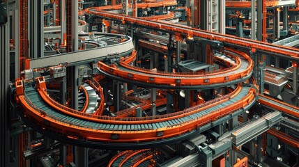 Poster - Futuristic Industrial Landscape with Intricate Conveyor Belts and Machinery in Shades of Orange and Gray, Exhibiting Complexity and Modern Engineering Design