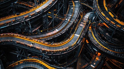 Poster - Abstract View of Industrial Conveyor Belt System in Dynamic Arrangement, Showcasing Complexity of Modern Manufacturing Processes