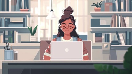 Poster - Young Woman Working on a Laptop in a Modern Office Environment Surrounded by Shelves and Plants, Representing Remote Work and Productivity