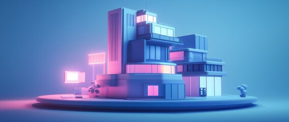 Poster - A stylized, futuristic building model with neon lighting and geometric shapes.