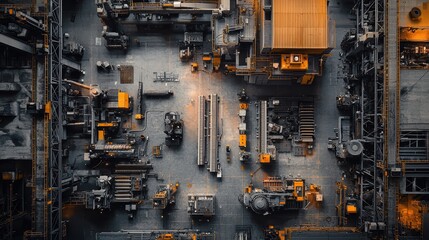 Poster - Aerial View of Industrial Factory Workshop with Machinery, Tools, and Equipment in a Modern Manufacturing Environment Illuminated by Soft Lights
