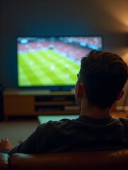 Wall Mural - Young man watching football game on television, celebrating goal