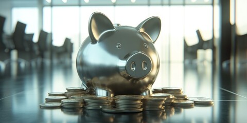 Poster - A shiny piggy bank surrounded by coins in a modern office setting.