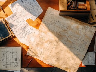 Poster - Detailed Architectural Blueprints and Plans Spread on a Wooden Table with Natural Light Casting Shadows, Ideal for Design and Construction Projects