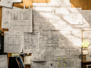 Poster - Detailed Architectural Blueprints Spread Across a Wooden Surface Highlighting Floor Plans, Elevations, and Technical Drawings in a Bright Workspace Environment