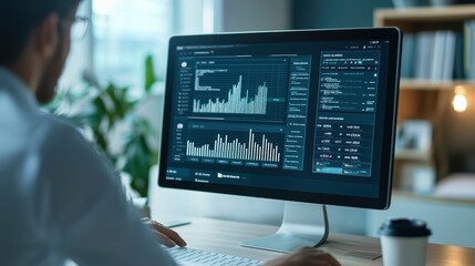 Fototapete - Professional Person Analyzing Data on Computer Screen in Modern Office Environment with Graphs, Charts, and Financial Information Displayed for Business Insights