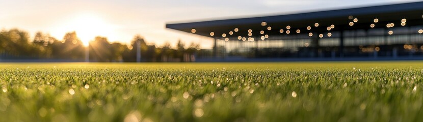 Poster - A sunlit sports field with lush grass and a modern building in the background.