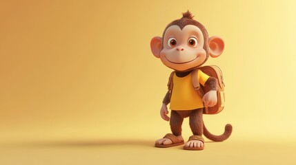 Aufkleber - A cheerful cartoon monkey character wearing a yellow shirt and backpack against a yellow background.