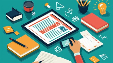 Fototapete - Flat Lay of Creative Workspace with Digital Tablet, Notebooks, and Stationery for Productive Studying and Innovative Project Planning in Modern Office Environment