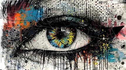 Aufkleber - abstract art of an eye featuring vibrant colors and dynamic patterns in a creative mix of texture an