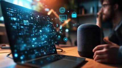 Poster - Modern Workspace with Voice Assistant and Laptop Featuring Digital Icons Representing Technology, Communication, and Security