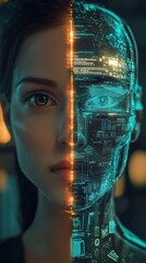 Poster - Futuristic Portrait of a Woman with Half Human and Half Digital Face Featuring Advanced Technology Elements and Illuminated Circuit Patterns in a Surreal Style