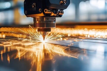Poster - Advanced Laser Cutting Technology in Action, Capturing the Precision and Intricacies of Metal Fabrication with Sparks Flying in a Modern Manufacturing Facility
